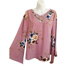 Entro Pink Floral Blouse with Criss-Cross Neckline, Size S cottage core